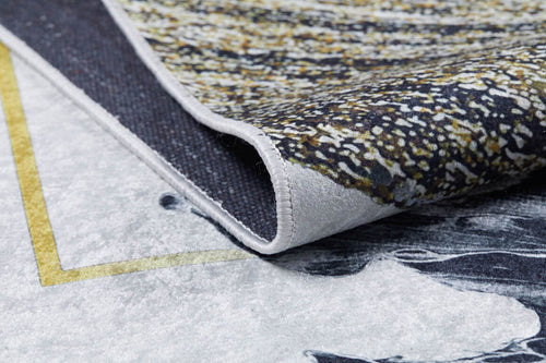 Load image 1 in gallery view. Close-up of the Funky Floral Frenzy - Machine-Washable Rug JR1376 (Custom Size), showing its textured corner in gray, black, white, and yellow—perfect for high-traffic areas.