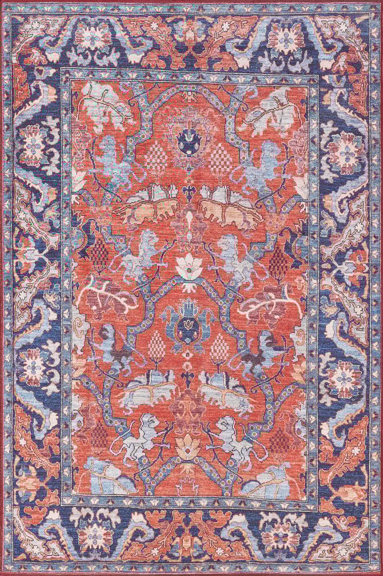 The Galea Turkish-Design Coral Washable Rug - LCC3027 (Custom Size) features intricate floral and geometric patterns in red, blue, and cream, a central medallion, and detailed border—ideal for high-traffic areas.