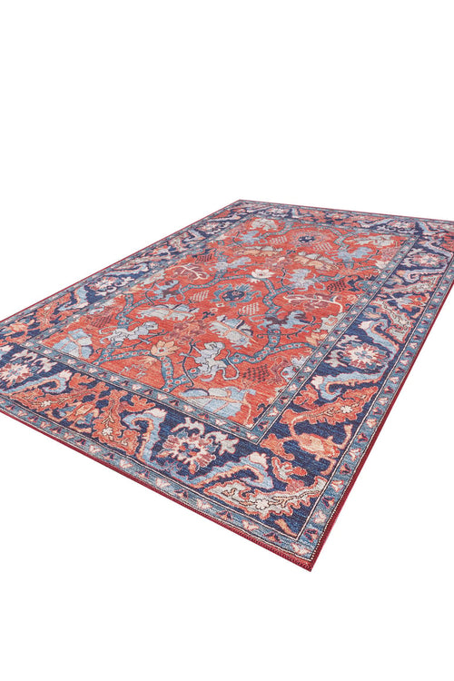 Load image 1 in gallery view. The Galea Turkish-Design Coral Washable Rug (LCC3027) features intricate red floral and vine patterns with a dark blue border. Perfect for high-traffic areas, it offers elegance and durability. Shown on a white background. Custom size available.