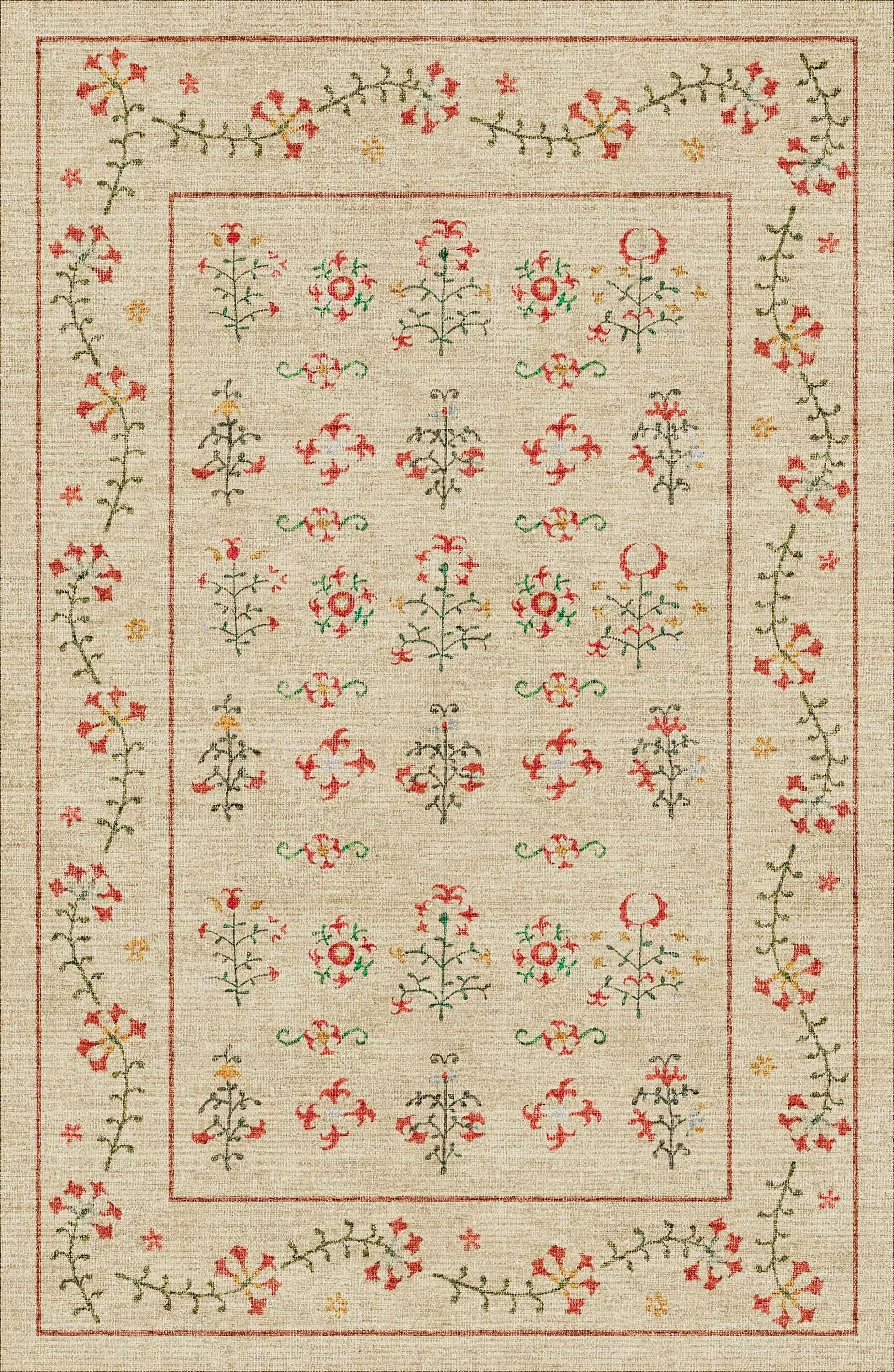 The Garden Cream - Washable Rug (JRN1026) is a rectangular beige rug with colorful embroidered red, yellow, and green flowers in rows and a vine border—ideal for allergy-sensitive homes and high-traffic areas.