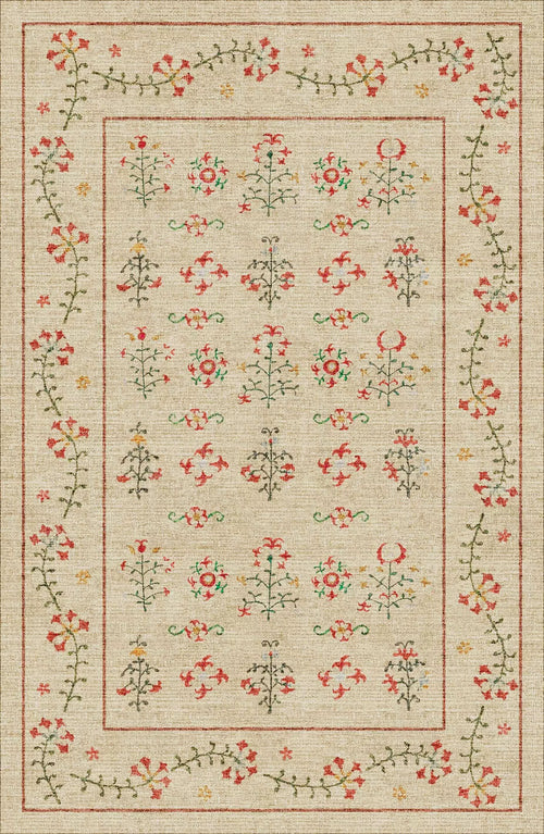 Load image 1 in gallery view. The Garden Cream - Washable Rug (JRN1026) is a rectangular beige rug with colorful embroidered red, yellow, and green flowers in rows and a vine border—ideal for allergy-sensitive homes and high-traffic areas.