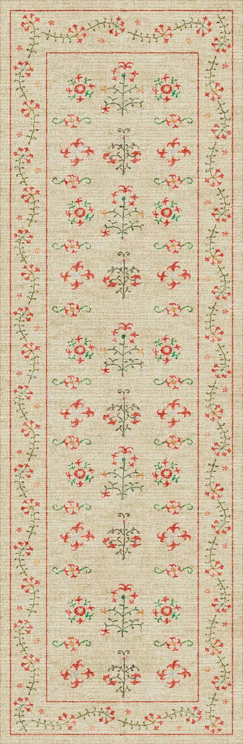 Load image 1 in gallery view. The Garden Cream - Washable Rug (JRN1026) is a rectangular beige rug with red, green, and orange floral patterns. Its durable, washable design suits high-traffic spaces. A vine-bordered center displays delicate rows of flower motifs.