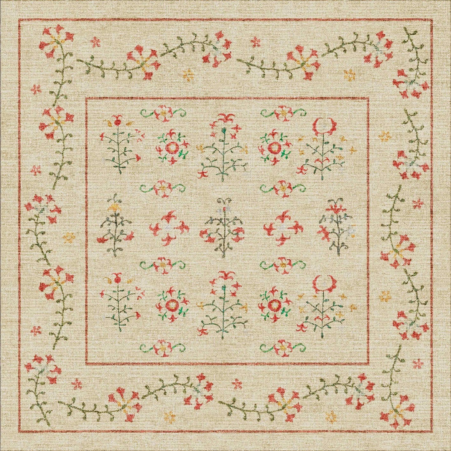 The Garden Cream - Washable Rug - JRN1026 is a square beige rug with red, green, and yellow embroidered floral patterns and a vine-bordered edge—durable, stylish, and perfect for high-traffic areas.