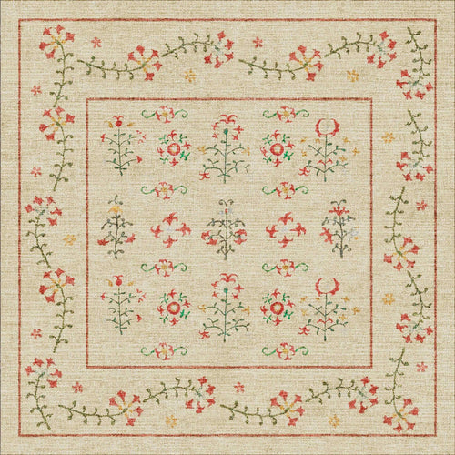 Load image 1 in gallery view. The Garden Cream - Washable Rug - JRN1026 is a square beige rug with red, green, and yellow embroidered floral patterns and a vine-bordered edge—durable, stylish, and perfect for high-traffic areas.