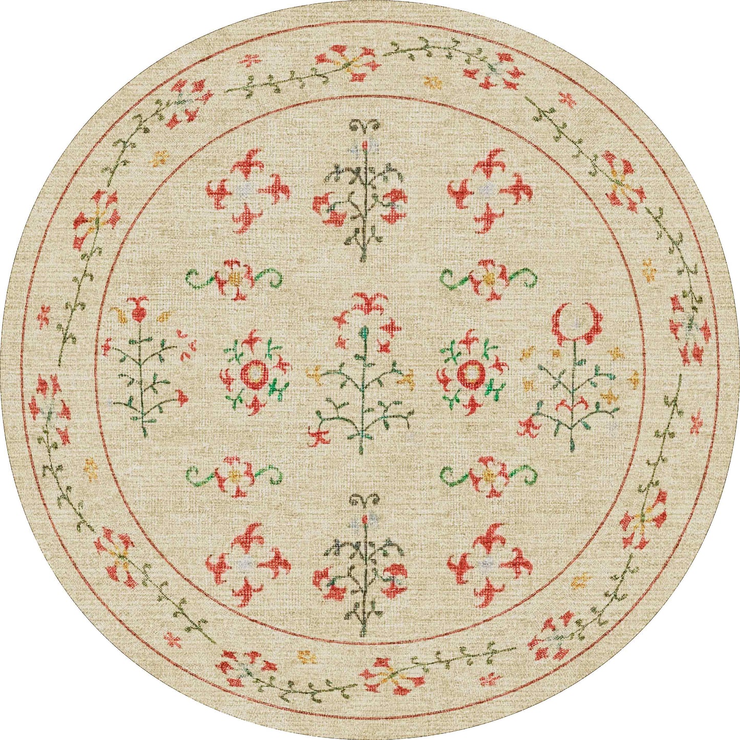 The Garden Cream - Washable Rug (JRN1026) is a round beige rug with red, green, and yellow embroidered floral patterns and vines. Symmetrical blooms decorate the center and border. Machine-washable—ideal for high-traffic areas.
