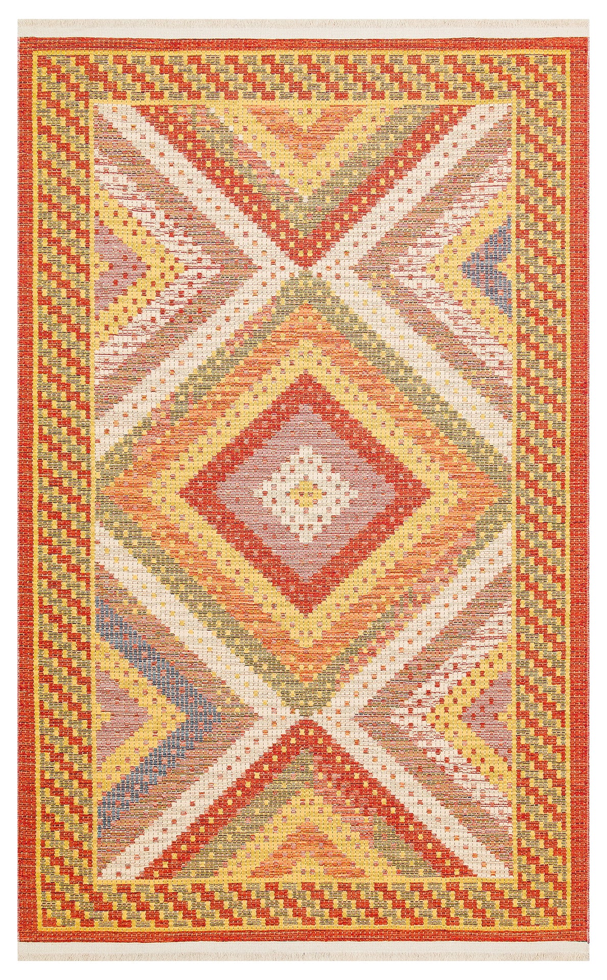 The Garnet Print - Kilim - NMD10 is a low-pile polyester rug featuring a vibrant tribal geometric pattern with concentric diamonds in red, yellow, green, and beige, bordered by a matching zigzag design to enliven any space.