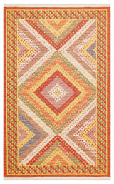 The Garnet Print - Kilim - NMD10 is a low-pile polyester rug featuring a vibrant tribal geometric pattern with concentric diamonds in red, yellow, green, and beige, bordered by a matching zigzag design to enliven any space.