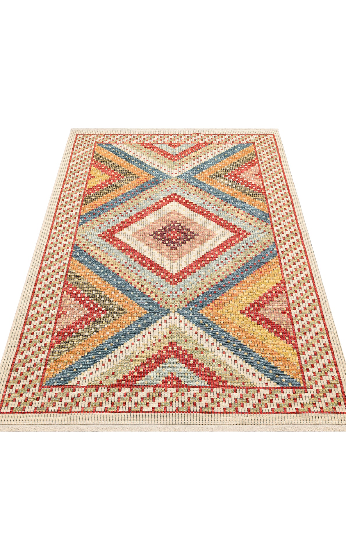 The Garnet Print - Kilim - NMD10 is a rectangular, low-pile polyester rug with a white background, geometric diamond and intersecting line patterns in red, yellow, blue, and beige, bordered by a matching tribal print.