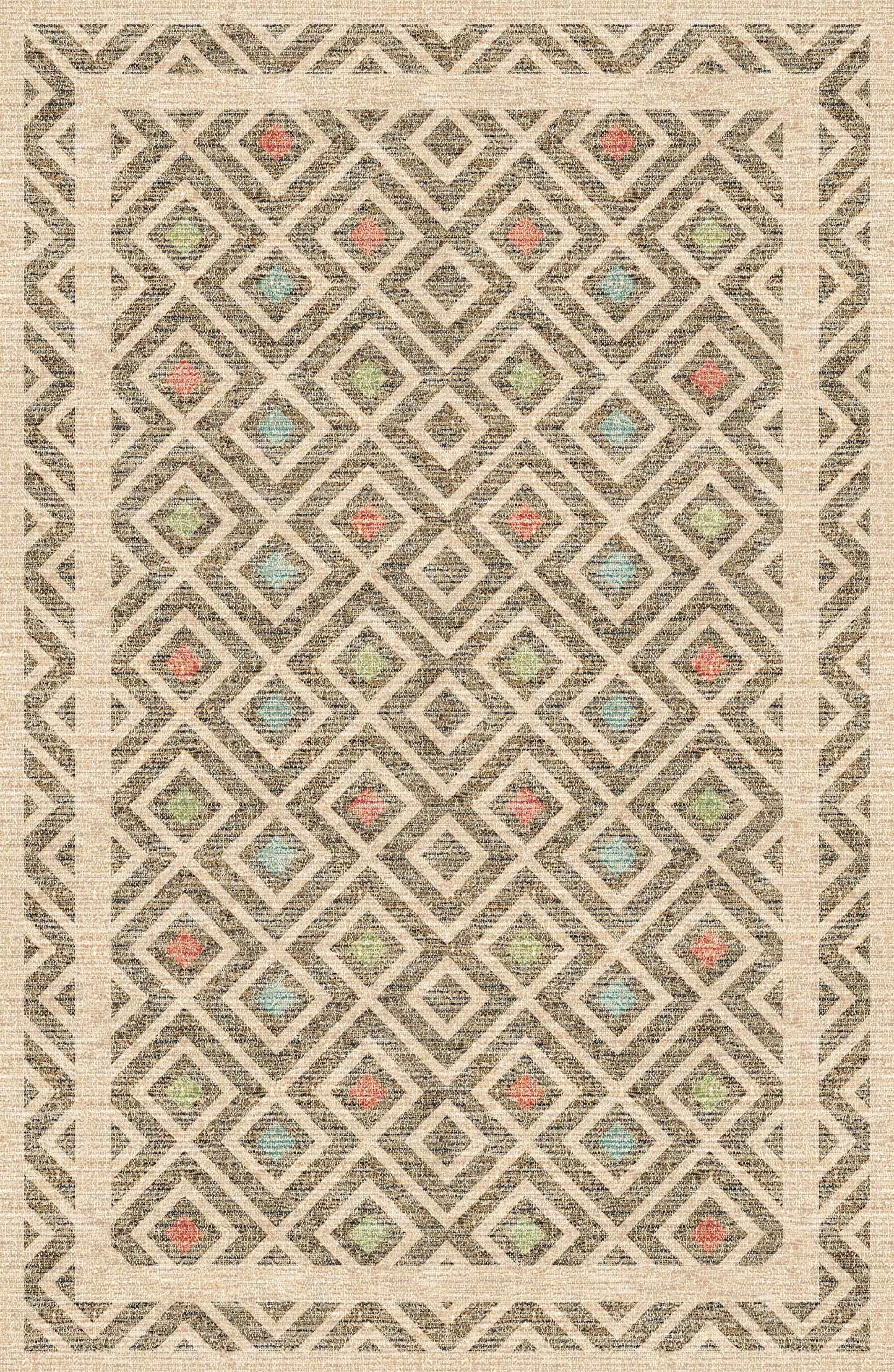 The Geo Sand - Washable Rug - JRN1027 (Custom Size) features a flat weave with geometric diamond patterns in beige, brown, and cream, highlighted by subtle blue, green, and orange accents—an allergy-friendly choice for any room.