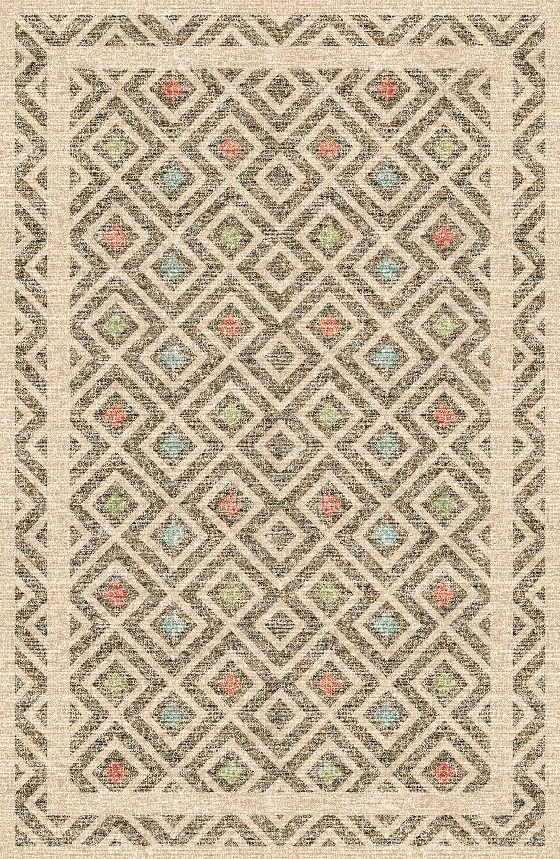 The Geo Sand - Washable Rug - JRN1027 (Custom Size) features a flat weave with geometric diamond patterns in beige, brown, and cream, highlighted by subtle blue, green, and orange accents—an allergy-friendly choice for any room.