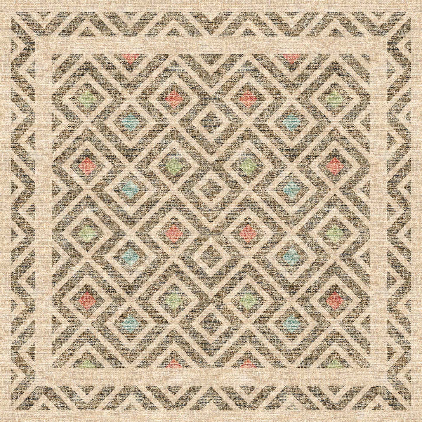 The Geo Sand - Washable Rug (JRN1027) features a square shape and overlapping diamond pattern in beige, brown, blue, green, and red. With a zigzag border, it’s perfect for high-traffic areas and easily washable for convenience.