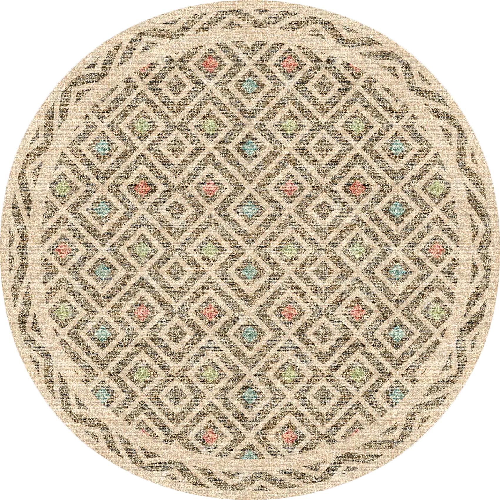 The Geo Sand - Washable Rug (JRN1027) features a geometric diamond design in beige, olive green, and brown with blue and coral accents. Its decorative border has interlocking curves—ideal for allergy-sensitive or high-traffic spaces.