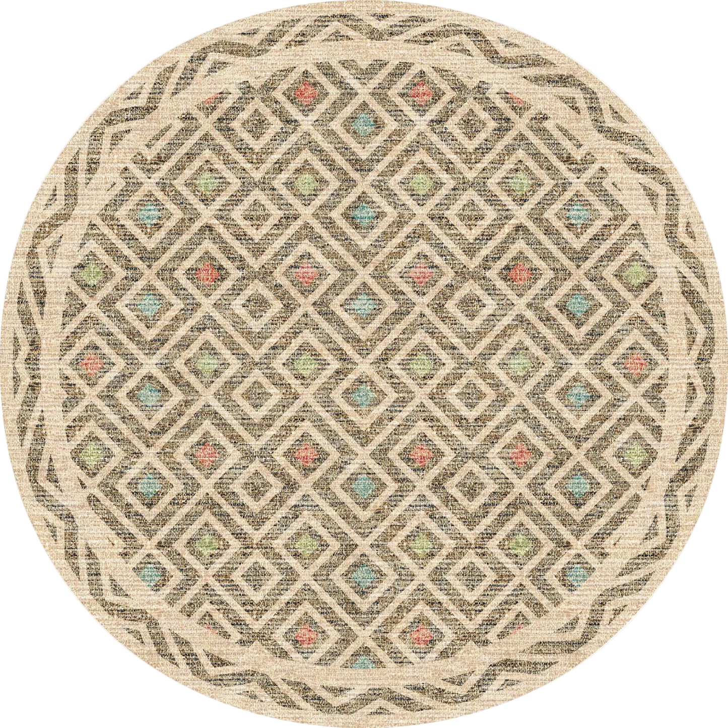 The Geo Sand - Washable Rug (JRN1027) features a geometric diamond design in beige, olive green, and brown with blue and coral accents. Its decorative border has interlocking curves—ideal for allergy-sensitive or high-traffic spaces.