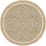 The Geo Sand - Washable Rug (JRN1027) features a geometric diamond design in beige, olive green, and brown with blue and coral accents. Its decorative border has interlocking curves—ideal for allergy-sensitive or high-traffic spaces.