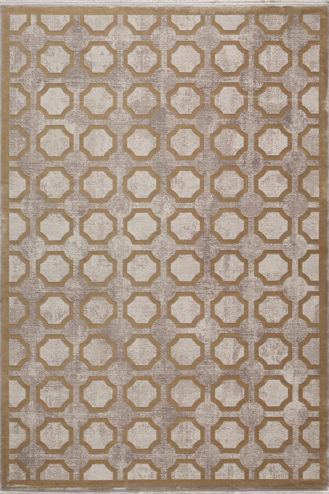 The Geometric Down Mid Century Modern Rug - M534B is a machine-made rectangular area rug with interlocking hexagon and octagon patterns in beige, brown, and cream, and features a distressed texture for a vintage vibe.