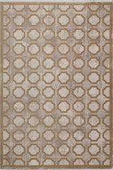 The Geometric Down Mid Century Modern Rug - M534B is a machine-made rectangular area rug with interlocking hexagon and octagon patterns in beige, brown, and cream, and features a distressed texture for a vintage vibe.