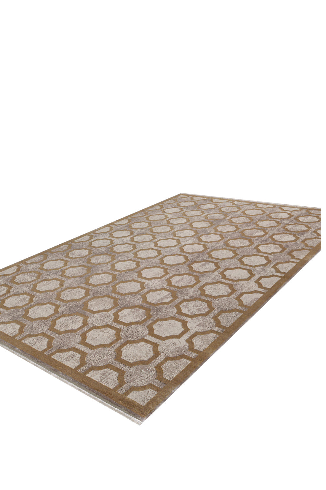 The Geometric Down Mid Century Modern Rug - M534B features a beige and brown hexagon pattern, is machine-made, and displayed on a white background from a corner angle.