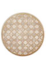 The Geometric Down Mid Century Modern Rug - M534B is a round, beige and light brown machine-made rug with a geometric lattice pattern and a slightly distressed vintage look.