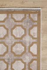 The Geometric Down Mid Century Modern Rug - M534B features a beige and taupe lattice pattern with interlocking shapes and fringe on the short edge, bringing modern style to any light wooden floor.