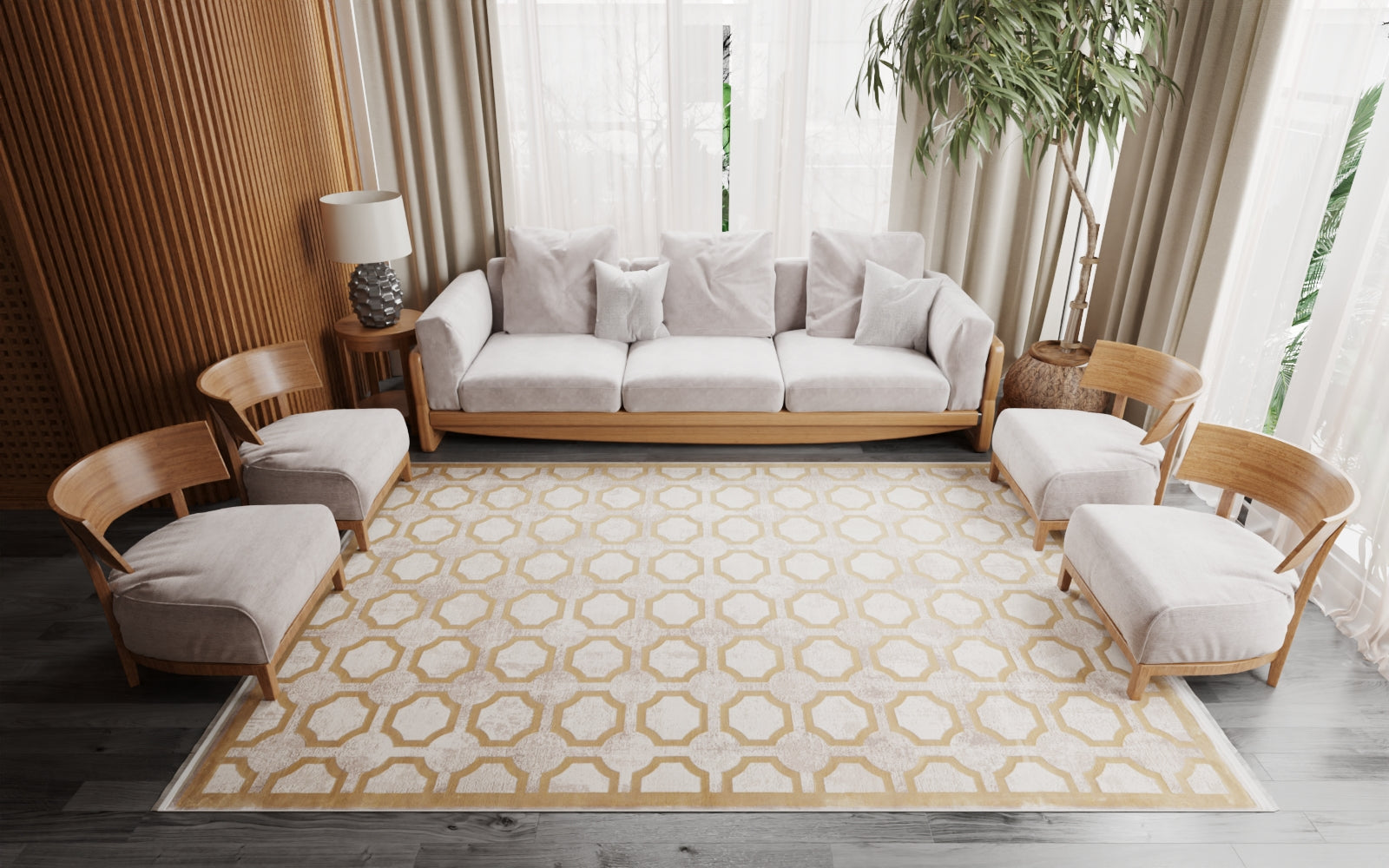 A modern living room with a white sofa, four wooden chairs with white cushions, the Geometric Down Mid Century Modern Rug - M534B, a lamp on a side table, a tall plant, light curtains, and wooden walls.