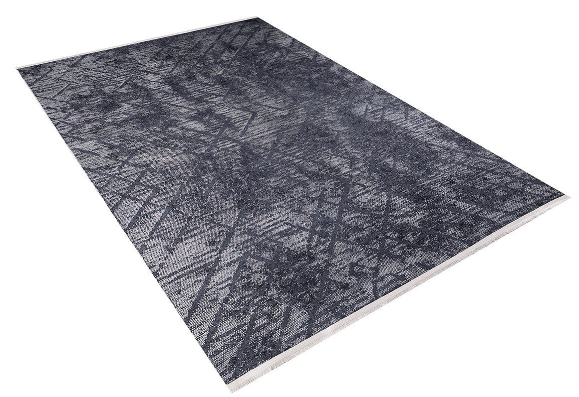 The Geometric Gems - Washable Rug - JR1342 (Custom Size) is a large rectangular black rug with a dark abstract geometric pattern in black and gray, short white fringe, and is ideal for high-traffic areas. Displayed on a white background.