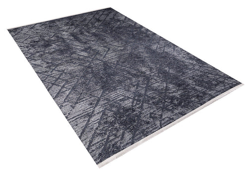Load image 1 in gallery view. The Geometric Gems - Washable Rug - JR1342 (Custom Size) is a large rectangular black rug with a dark abstract geometric pattern in black and gray, short white fringe, and is ideal for high-traffic areas. Displayed on a white background.
