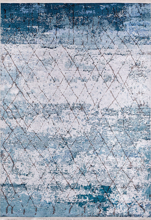 Load image 1 in gallery view. The Geometric Glimmers - Washable Rug - JR1423 (Custom Size) features a rectangular blue design with abstract blue, white, and gray patterns, distressed textures, and thin brown diamond lines—ideal for high-traffic areas.