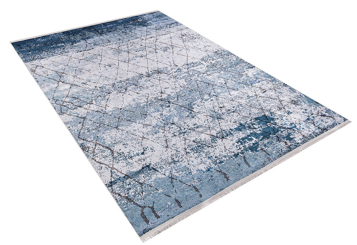 The Geometric Glimmers - Washable Rug - JR1423 (Custom Size) features a modern abstract design in blue, gray, and white with textured and linear patterns—perfect for high-traffic areas.