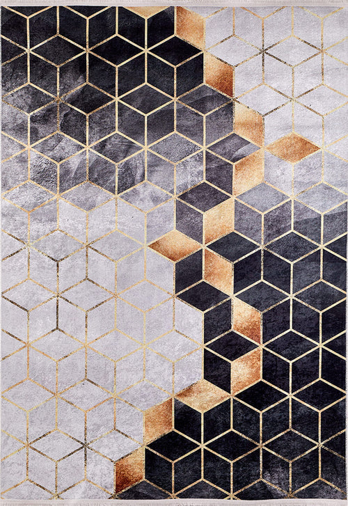 Load image 1 in gallery view. The Geometric Harmony - Washable Rug - JR1271 (Custom Size) features gold-outlined cubes in gray, black, and gold to create a 3D optical illusion with diagonal color transitions—perfect as a stylish rug for high-traffic areas.