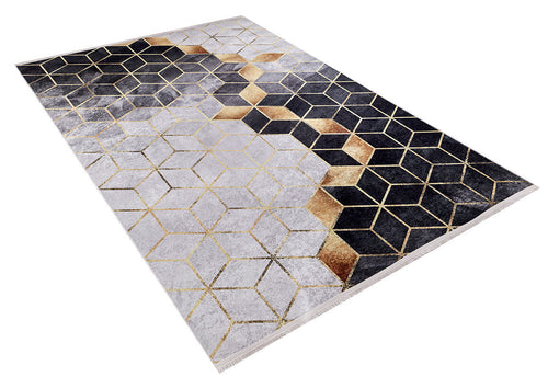 Load image 1 in gallery view. The Geometric Harmony - Washable Rug - JR1271 (Custom Size) features a gray-anthracite base with a black, gold, and beige cube pattern that transitions diagonally for a modern 3D look—perfect for high-traffic areas.