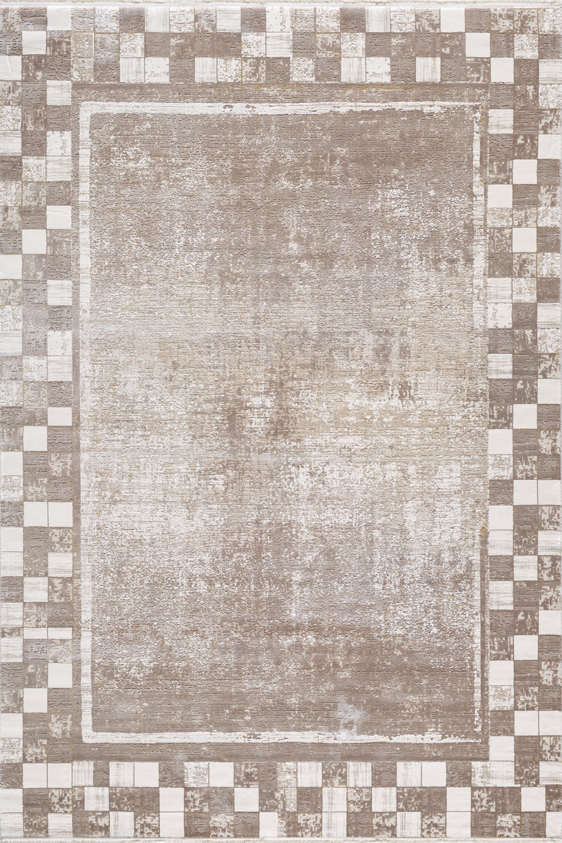 The Geometric Latte Premium Rug - M420G features a machine-made distressed light brown center, bordered by a checkered pattern of alternating brown squares. Its geometric, minimalist design brings modern style to any space.