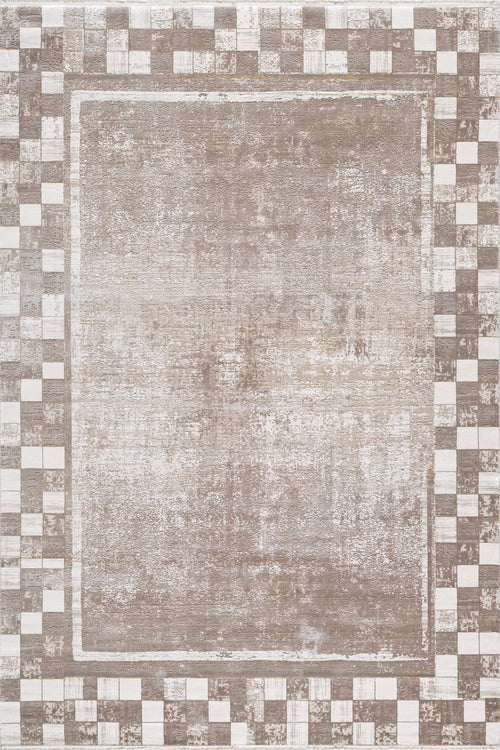 Load image 1 in gallery view. The Geometric Latte Premium Rug - M420G features a machine-made distressed light brown center, bordered by a checkered pattern of alternating brown squares. Its geometric, minimalist design brings modern style to any space.