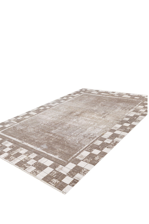 Load image 1 in gallery view. The Geometric Latte Premium Rug - M420G is a rectangular, machine-made rug with a distressed brown center and a checkered brown and white border, offering a minimalist modern design ideal for contemporary spaces. Displayed on a white background.