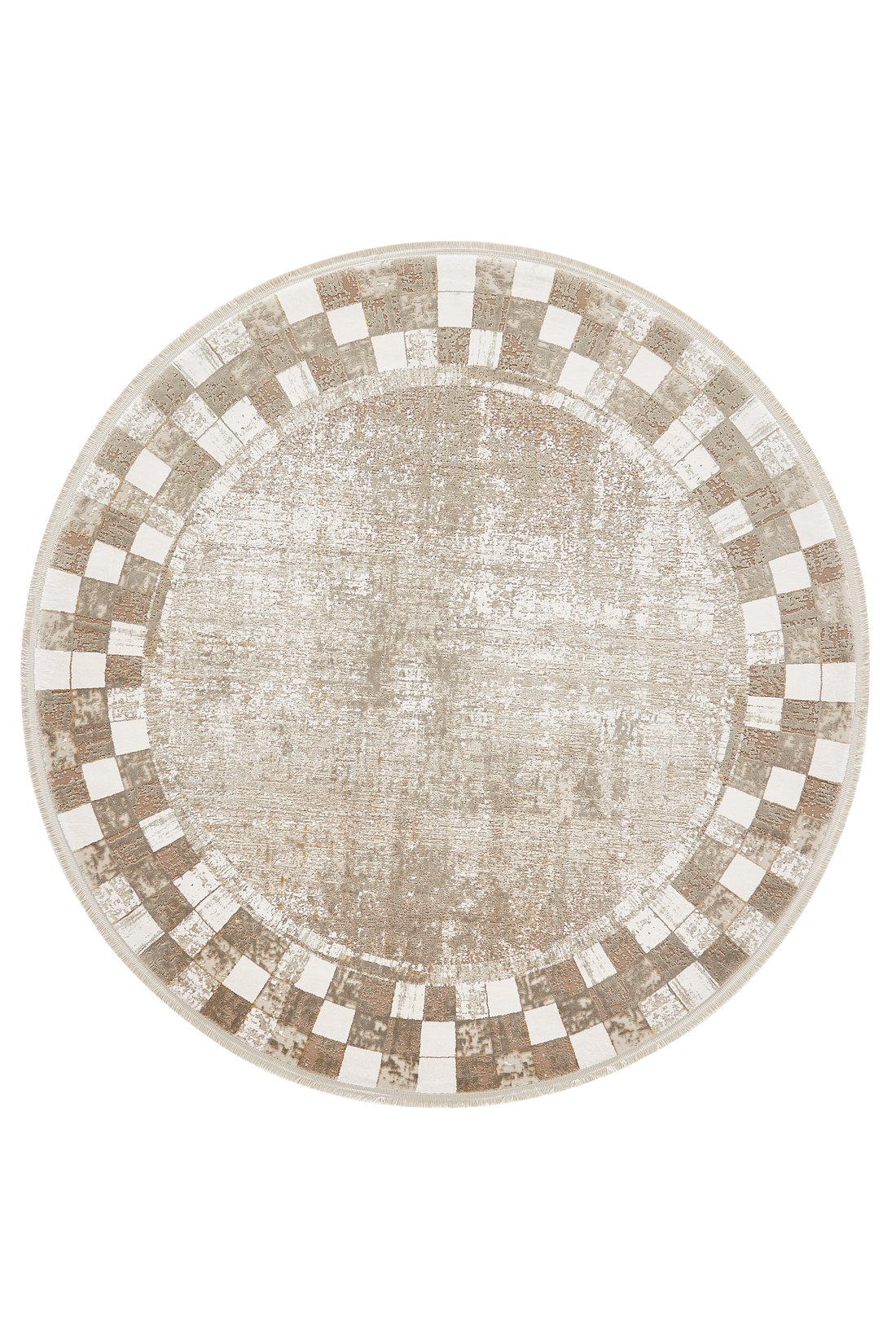 The Geometric Latte Premium Rug - M420G is a round, machine-made rug featuring a beige and cream checkerboard border and a distressed center in shades of beige and tan, ideal for bringing minimalist style to any room.