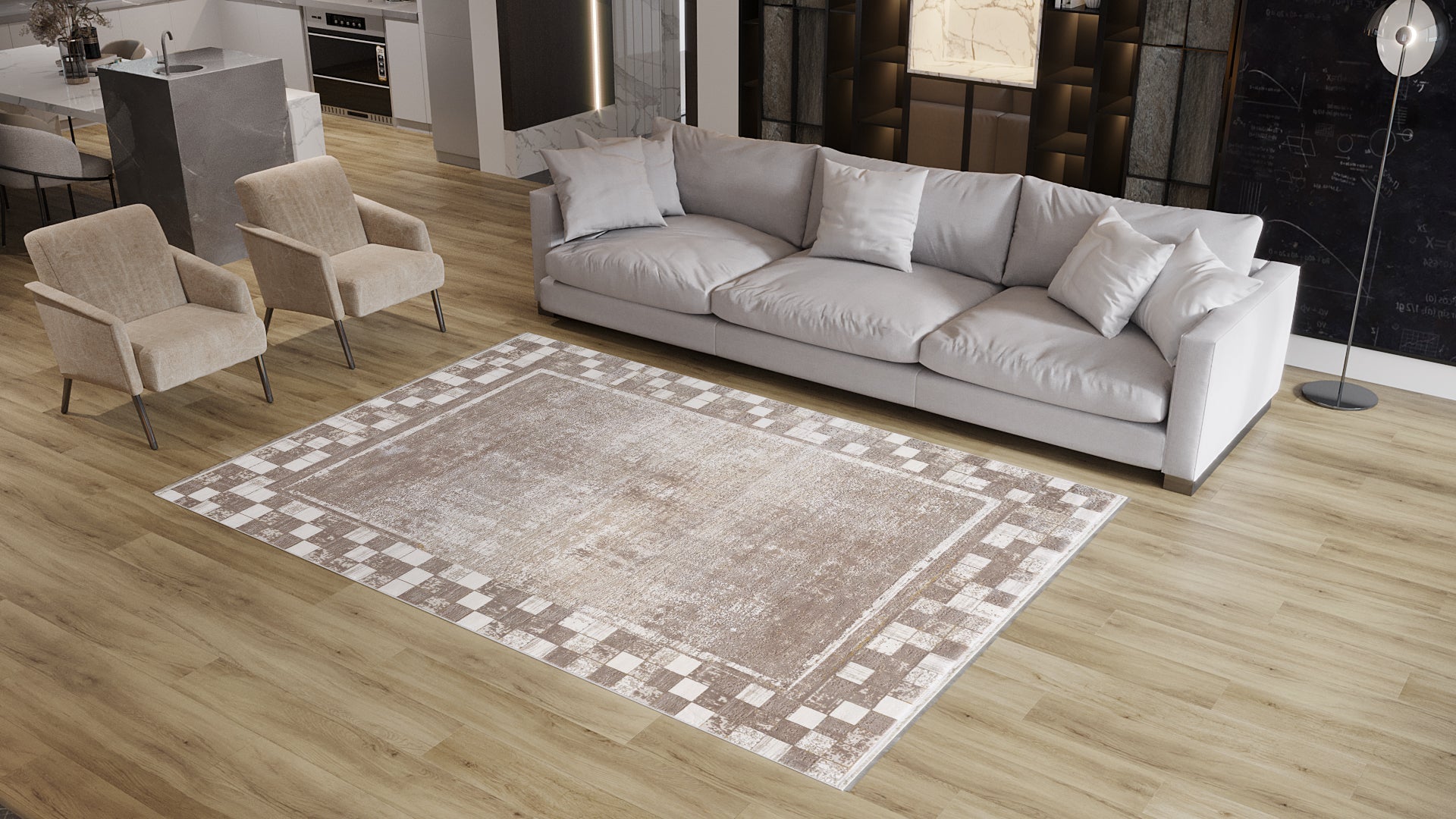 A modern living room with light wood floors, a Geometric Latte Premium Rug - M420G, a long gray sofa with cushions, two beige armchairs, and a floor lamp in the corner near a dark accent wall.