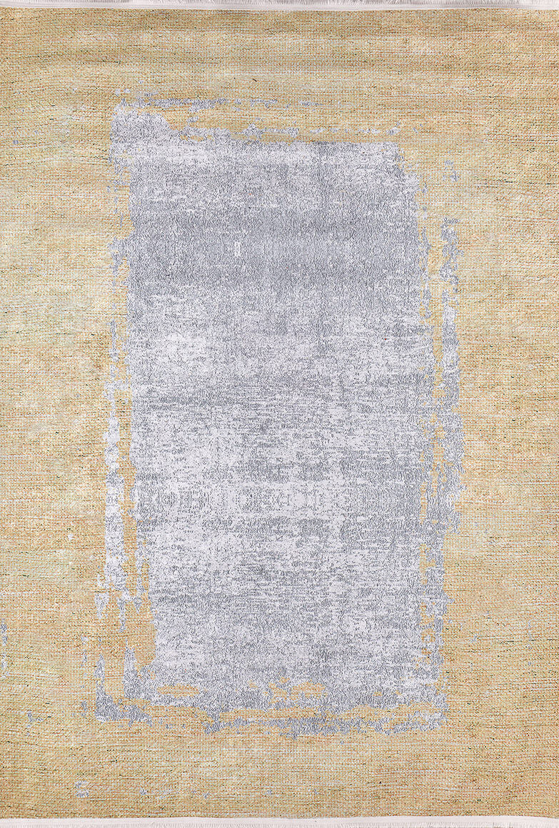 The Geometric Trellis - Washable Rug - JR931 (Custom Size) features a rectangular, distressed beige design with a central pale gray area, giving it a vintage look that's ideal for high-traffic spaces.