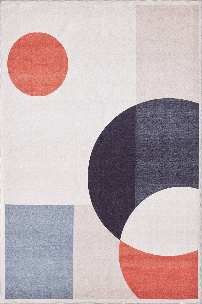 The Geometric Zen Modern Washable Rug - MDJ002 (Custom Size) features navy and red geometric shapes on a cream background, blending muted and bold colors—perfect for high-traffic areas.