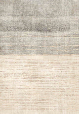 The Gilded Charm - Washable Rug - JRN26 features two sections: the top with close gray and white stripes, and the bottom in off-white accented by wavy beige lines, creating a stylish contemporary look.