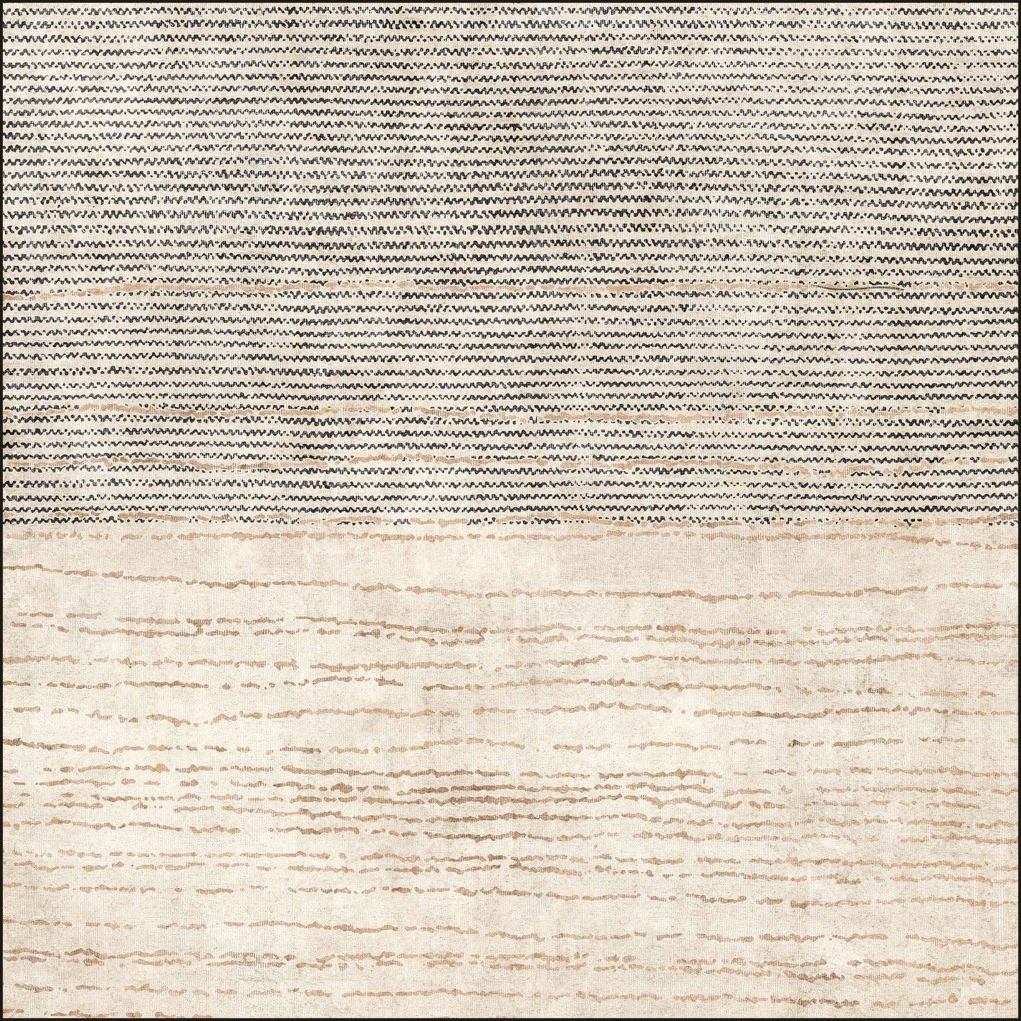 The Gilded Charm - Washable Rug - JRN26 is a modern rectangular area rug, featuring black and white stripes on top and wavy light brown lines on cream at the bottom.