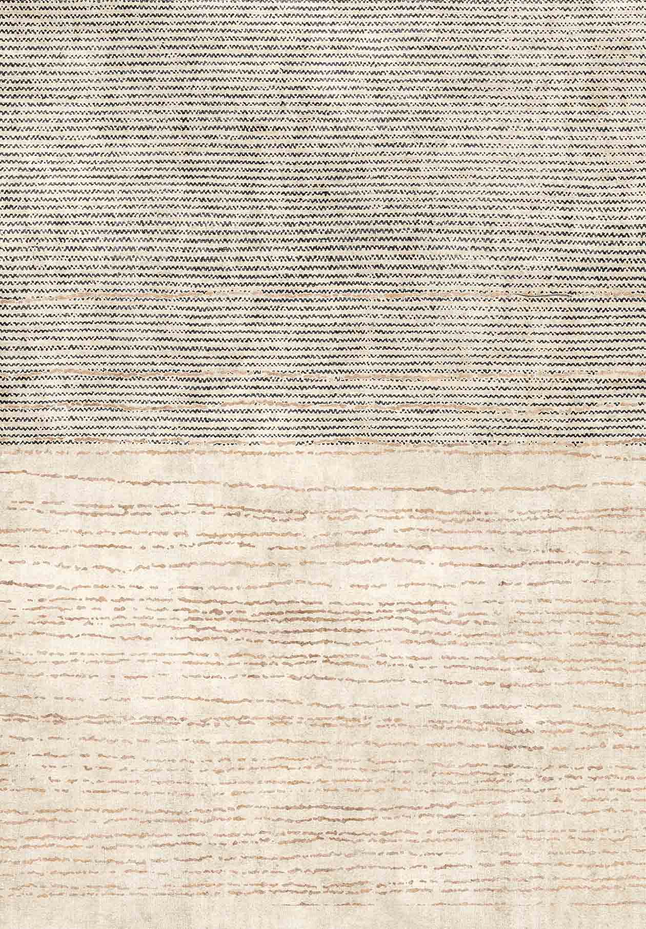 The Gilded Charm - Washable Rug - JRN26 (Custom Size) features a flat weave with gray and white stripes on top and a beige base with wavy brown lines on the bottom—ideal for high-traffic areas.