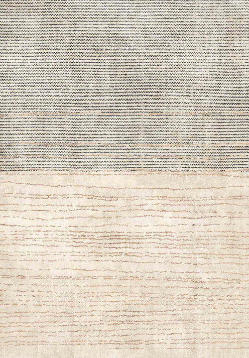 Load image 1 in gallery view. The Gilded Charm - Washable Rug - JRN26 (Custom Size) features a flat weave with gray and white stripes on top and a beige base with wavy brown lines on the bottom—ideal for high-traffic areas.