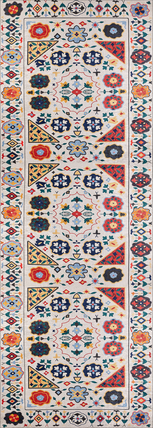 Load image 1 in gallery view. The Global Gathering - Washable Rug - JR608 is a rectangular multicolor rug with intricate floral and geometric patterns in red, blue, yellow, orange, and green on beige. Durable and easy to clean—perfect for high-traffic areas.