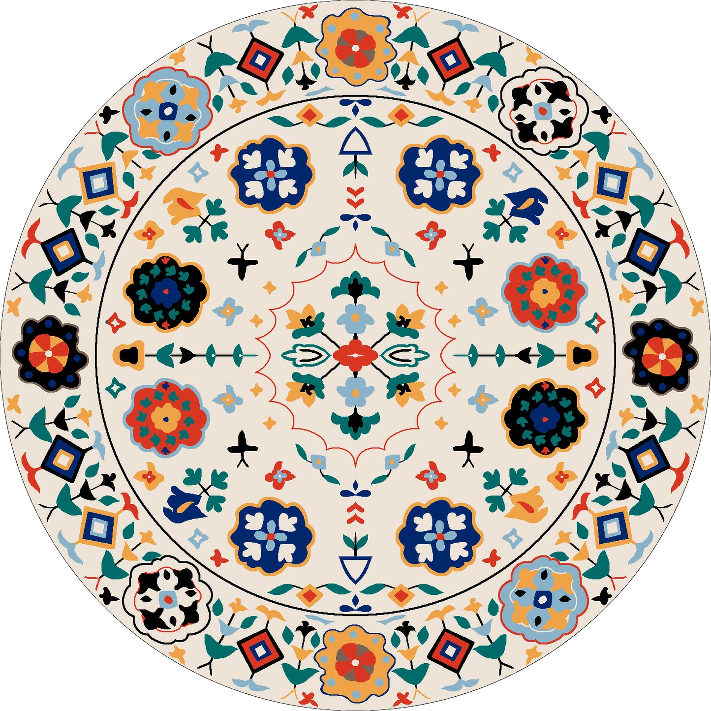 The Global Gathering - Washable Rug - JR608 features a circular, multicolored geometric and floral pattern with blue, red, orange, green, and yellow motifs on a light background—perfect for high-traffic areas.