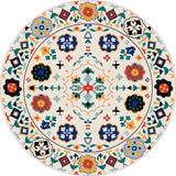 The Global Gathering - Washable Rug - JR608 features a circular, multicolored geometric and floral pattern with blue, red, orange, green, and yellow motifs on a light background—perfect for high-traffic areas.