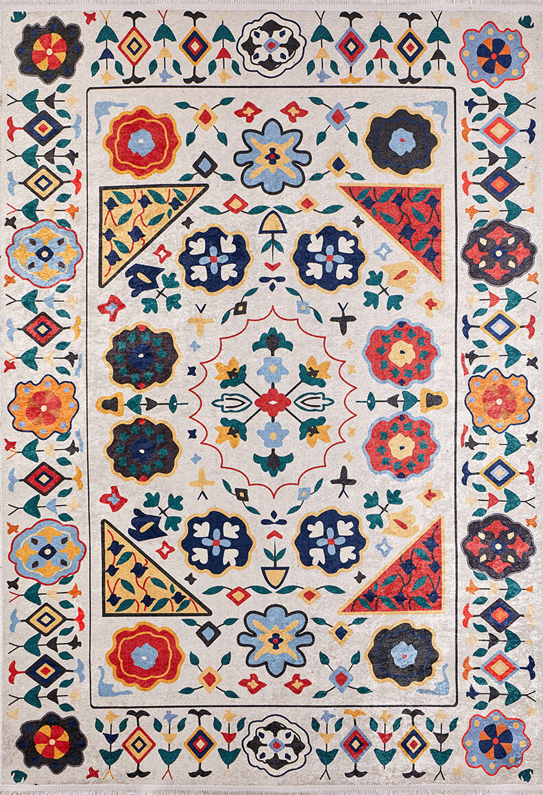 The Global Gathering - Washable Rug - JR608 (Custom Size) features a vibrant symmetrical pattern with flowers, geometric shapes, and triangles in bold multicolor on a light background. Durable and washable, it’s ideal for high-traffic spaces.