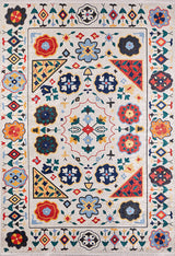 The Global Gathering - Washable Rug - JR608 (Custom Size) features a vibrant symmetrical pattern with flowers, geometric shapes, and triangles in bold multicolor on a light background. Durable and washable, it’s ideal for high-traffic spaces.