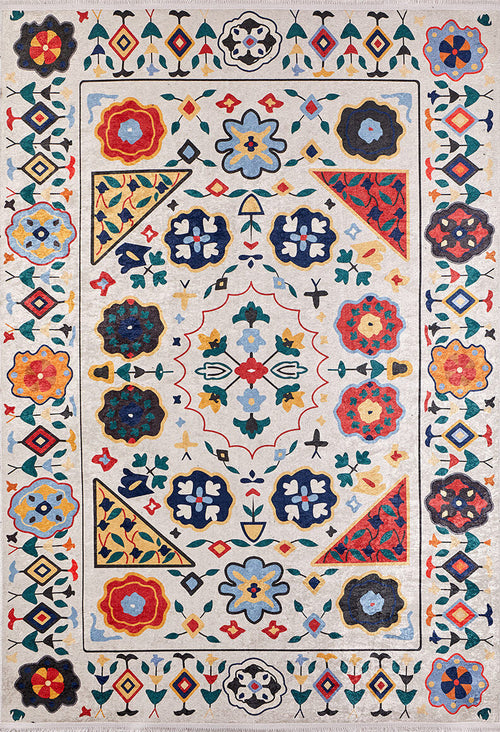 Load image 1 in gallery view. The Global Gathering - Washable Rug - JR608 (Custom Size) features a vibrant symmetrical pattern with flowers, geometric shapes, and triangles in bold multicolor on a light background. Durable and washable, it’s ideal for high-traffic spaces.