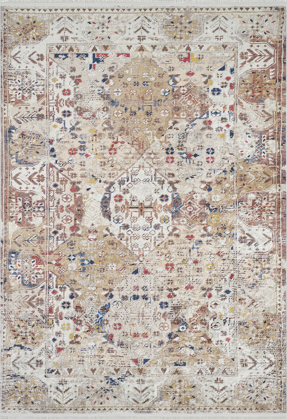 The Global Getaway - Washable Rug - JR1667 (Custom Size) features a cream and beige flat weave with a vintage-inspired faded design, showcasing geometric shapes, floral motifs, and touches of red, blue, and yellow for added charm.