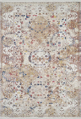 The Global Getaway - Washable Rug - JR1667 (Custom Size) features a cream and beige flat weave with a vintage-inspired faded design, showcasing geometric shapes, floral motifs, and touches of red, blue, and yellow for added charm.