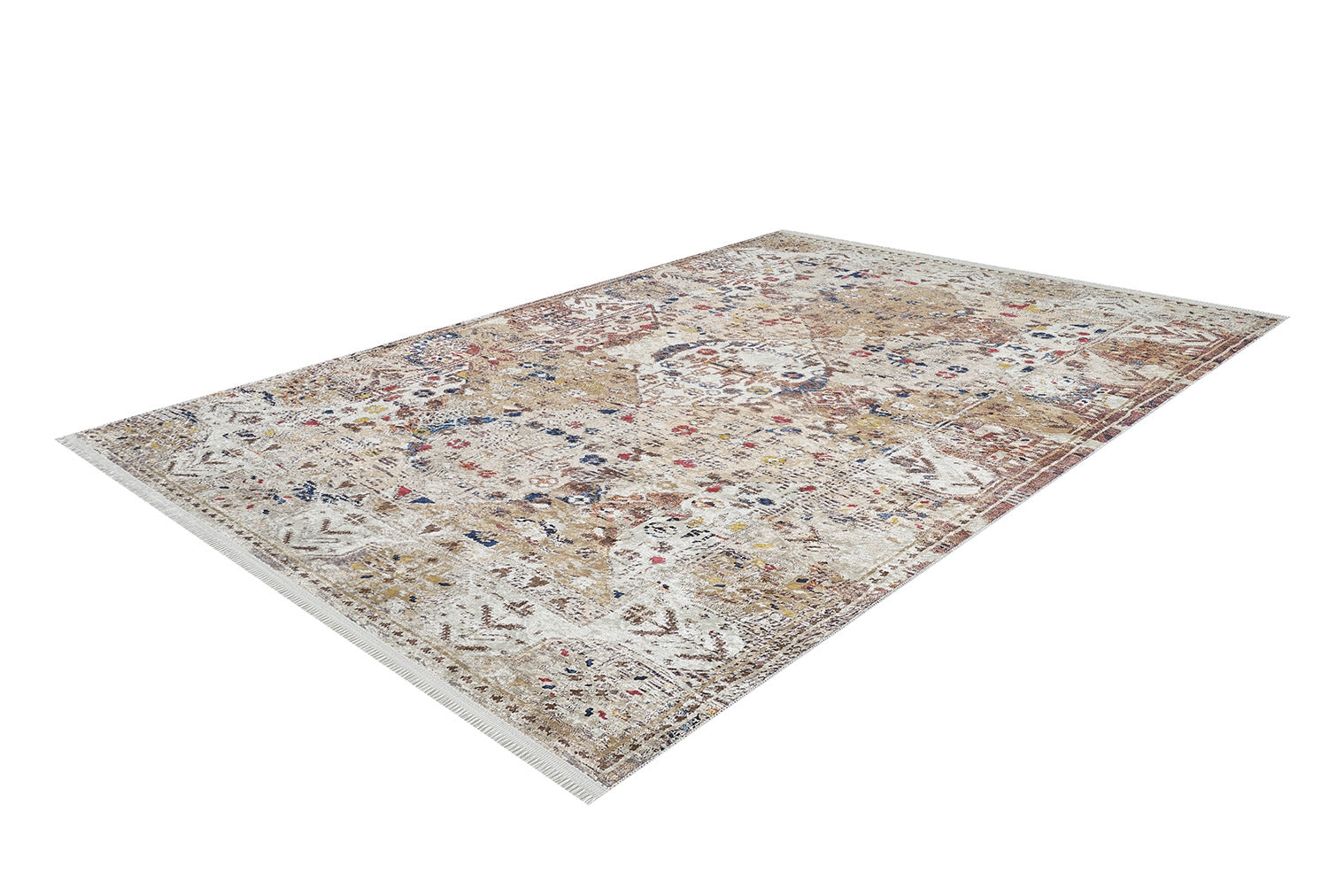 The Global Getaway - Washable Rug - JR1667 (Custom Size) is a rectangular flat weave rug with a distressed cream and beige pattern, accented by red, blue, and yellow. It has a low profile and fringed edges on the shorter sides.